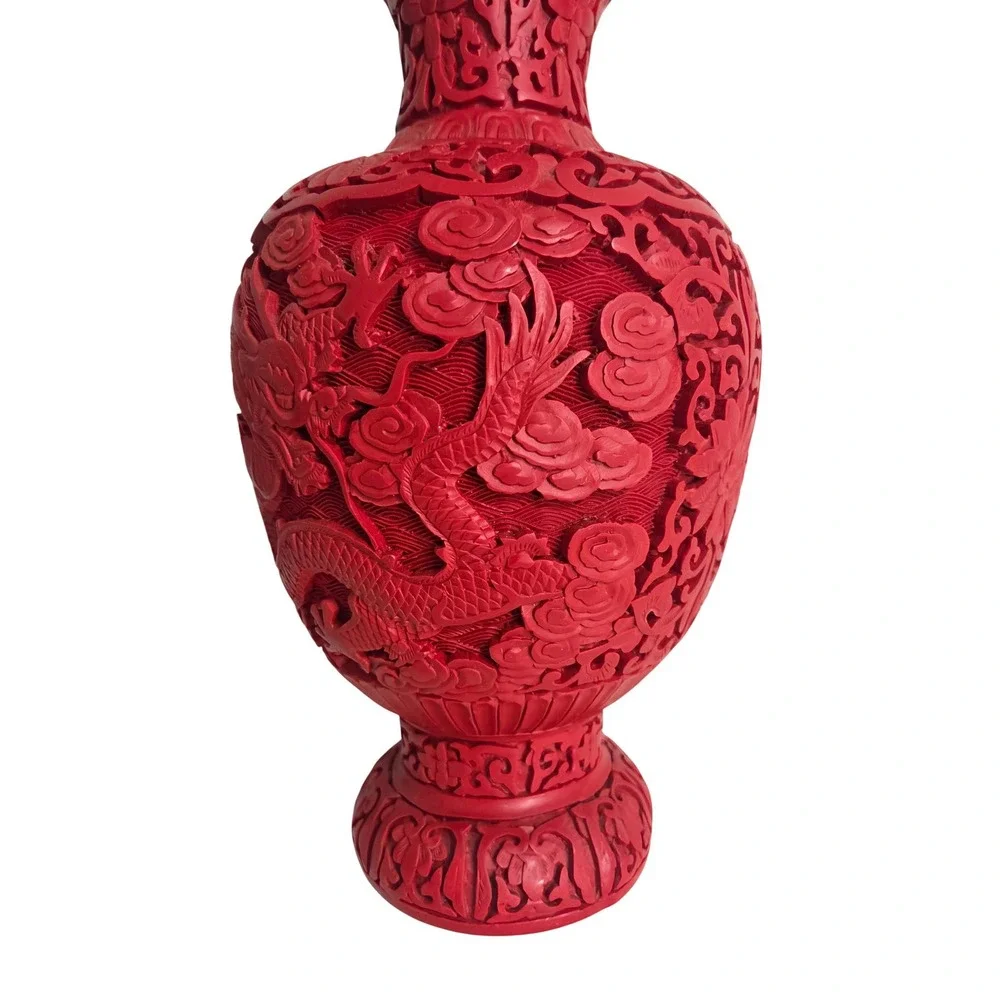 Vintage Chinese Cinnabar Red Carved Resin Vase Dragon Phoenix Oriental Decor
